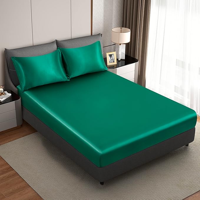 Blackish Green Satin Pillowcase Standard Set of 2 with Envelope Closure，Blackish Green Silk Pillowcase for Hair and Skin (20x26)