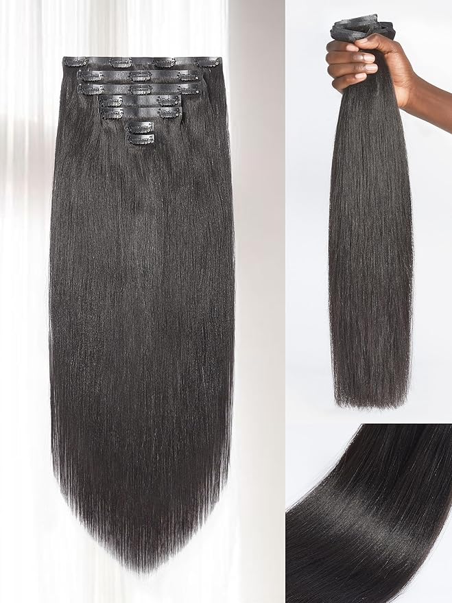 LUVME Clip in Hair Extensions, Yaki Straight Human Hair Clip in Extensions for Women, Natural Black Hair Extensions, 135g 9pcs 18 Inch