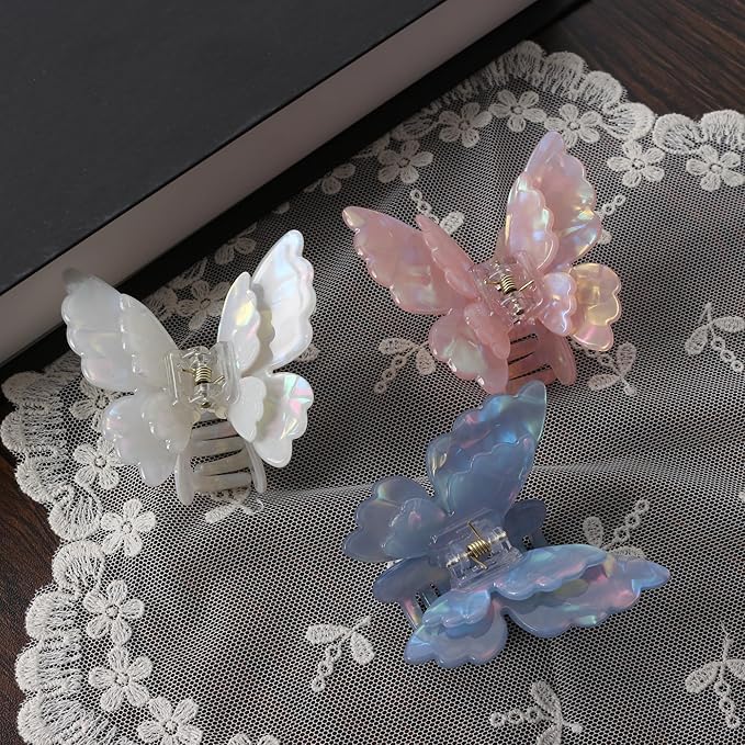 3 Packs Butterfly Hair Clips Acetate Tortoise Shell Non-Slip Jaw Clips 2.5inch, Beautiful Butterfly Hair Accessories for Girls and Women(Mixed color, White, Blue, Pink)