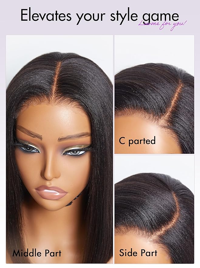 LUVME HAIR 10" Light Yaki Glueless Bob Wigs Human Hair Pre Plucked, 5x5 HD Lace Closure Wigs Human Hair 180 Density, Ready to Go Wig with Bleached Knots & Pre Cut Lace