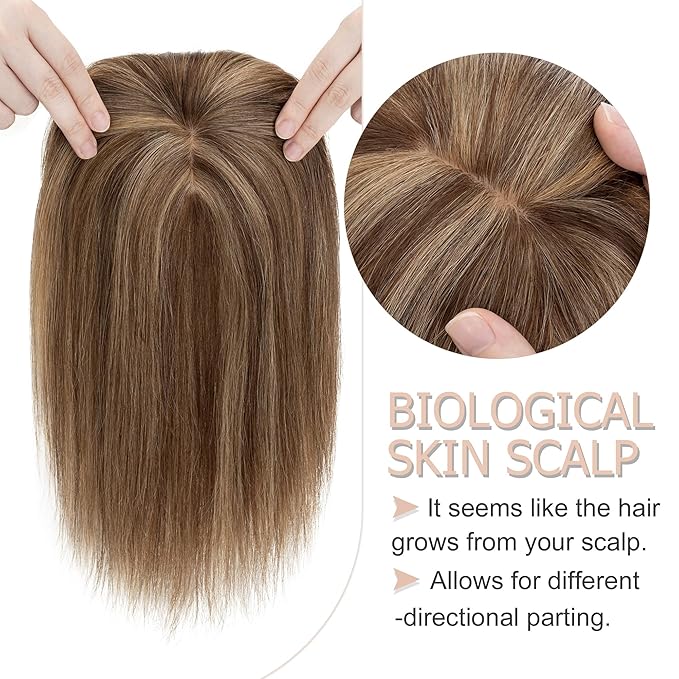 Hair Toppers for Women Real Human Hair With Bangs, 13 * 15 cm Larger Silk Base 150% Density Clip In Topper Hairpieces, Wiglet Top Pieces Add Volume -10 Inch 4P27 Medium Brown&Dark Blonde