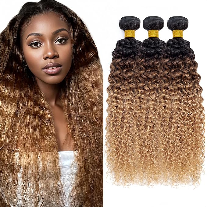 Ombre Bundles Human Hair Blonde Kinky Curly Bundle Brazilian Virgin Remy Hair 3 Bundles 16 18 20 Inch Niegmeag Double Weft 3 Tone Brown and Honey Blonde Bundle Hair Weave 300g