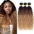 Ombre Bundles Human Hair Blonde Kinky Curly Bundle Brazilian Virgin Remy Hair 3 Bundles 16 18 20 Inch Niegmeag Double Weft 3 Tone Brown and Honey Blonde Bundle Hair Weave 300g