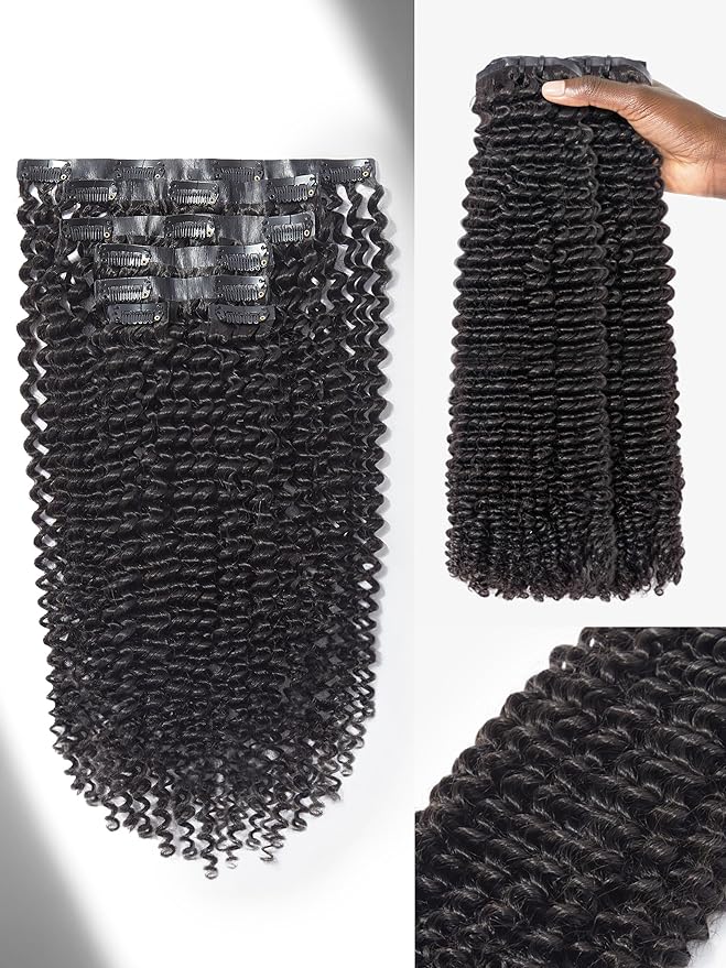 LUVME Kinky-curly Seamless 2 Pack 18inch 270g 18Pcs Clip in Hair Extensions Full Head with Remy Human Hair Extensions, Natural Black Hair for Women