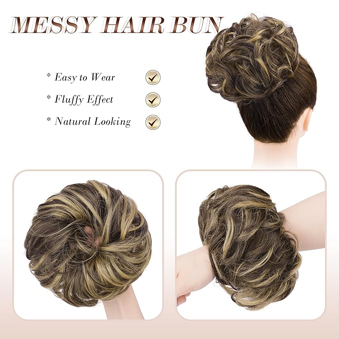 FESHFEN Messy Bun Hair Piece - Elastic Wavy Curly Hair Bun Scrunchies Extensions Synthetic Chignon Hairpieces for Women, Dark Brown & Champagne Blone 1.5 oz