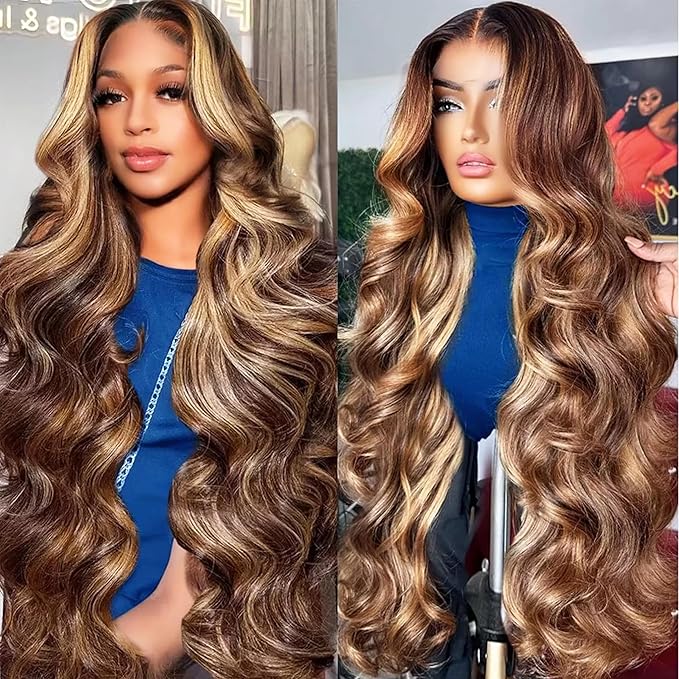 Honey Blonde Ombre 13x6 Lace Front Wig Human Hair 210 Density Highlight Body Wave Lace Front Wigs Human Hair Pre Plucked Glueless Lace Frontal Wig for Women 4/27 Colored 22Inch
