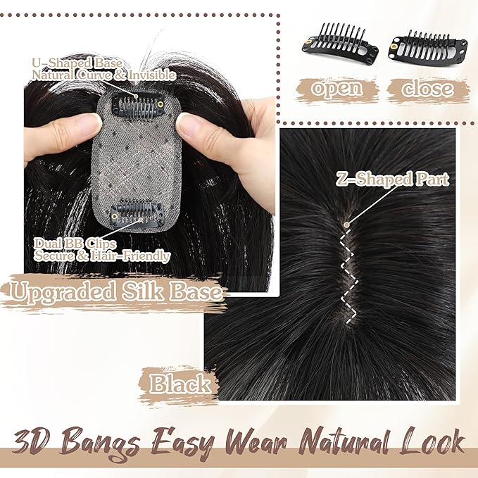 Hair Toppers for Women Real Human Hair - 360° Coverage Black Clip In Topper with Bangs for Thinning Hair Upgraded 5×9 cm Silk Base Ideal for Everyday Use