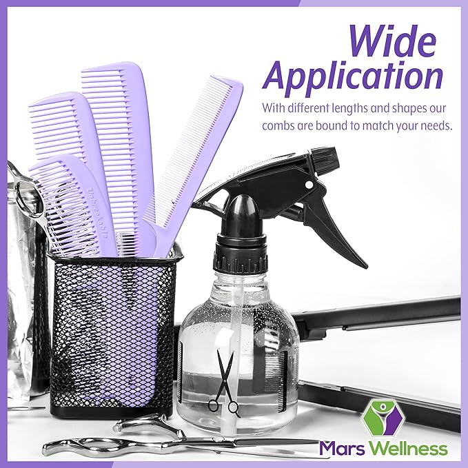 Mars Wellness 4 Piece Professional Comb Set Lavender - USA MADE - Fine Pro Tail, Dresser Hair Comb Styling Comb - Premium Grade for Men and Women - Parting Teasing and Styling - Lavender