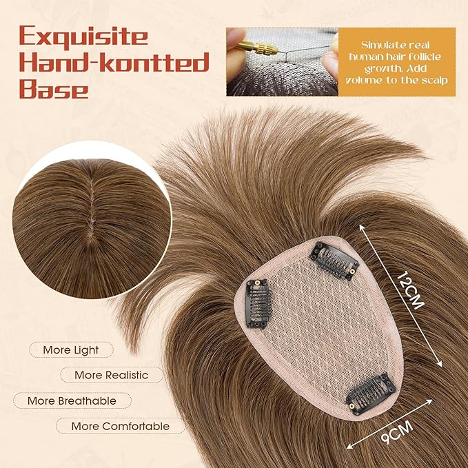 Rich Choices Human Hair Toppers for Women-100% Real Remy Hair Topper with 3D 360°Bang-Upgraded 150% Density 9 * 12CM Lace Base-Clip in Hairs topper for Thinning Hairs-10Inch #4 Medium Brown