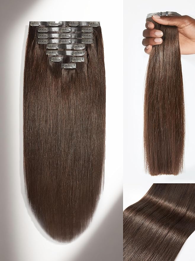 LUVME Seamless Clip in Hair Extensions Human Hair, 16 Inch 135g 9pcs Dark Brown Hair Extensions Clip in Human Hair Silky Straight Remy Human Hair Extensions