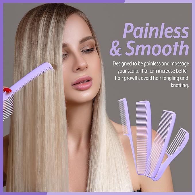 Mars Wellness 4 Piece Professional Comb Set Lavender - USA MADE - Fine Pro Tail, Dresser Hair Comb Styling Comb - Premium Grade for Men and Women - Parting Teasing and Styling - Lavender