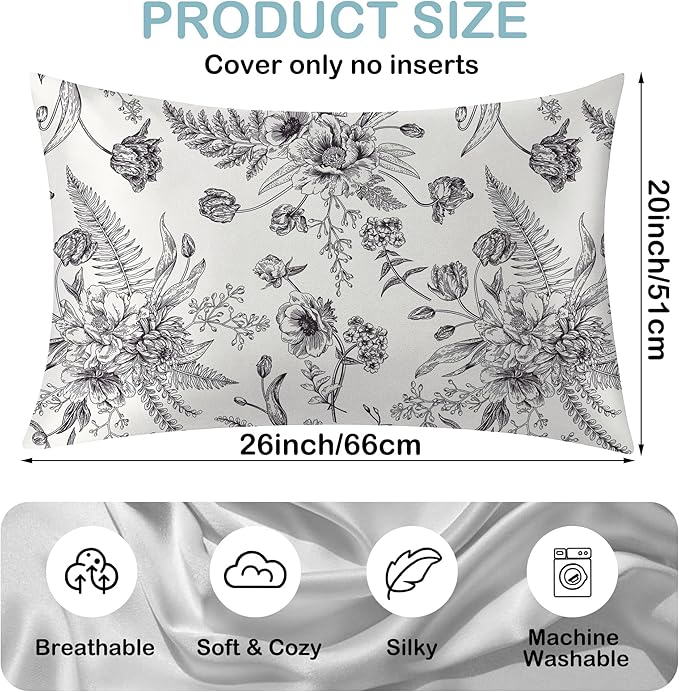Satin Pillowcase 1 Pack-Black and White Peony Tulips Vintage Floral Silky Pillow Cover for Hair and Skin,Standard Size 20x26 Inch Soft Cooling Printed Pillow Cases with Hidden Zipper