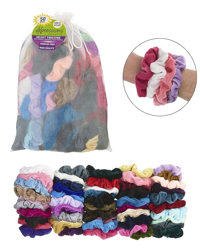 Expressions Scrunchie Set of 50 Comfy, Colorful Scrunchies in a Convenient Drawstring Storage Bag, Accessories for Women and Girls , Great Value, Damage Free,