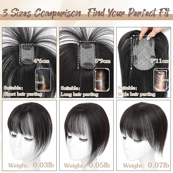 Hair Toppers for Women Real Human Hair - 360° Coverage Black Clip In Topper with Bangs for Thinning Hair Upgraded 5×9 cm Silk Base Ideal for Everyday Use
