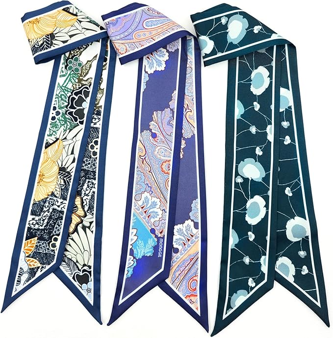 Skinny Scarf 3 Pack for Women – Bag Scarf, Silk Hair Scarves (Original Prints, Premium Twill, 3 Designs)
