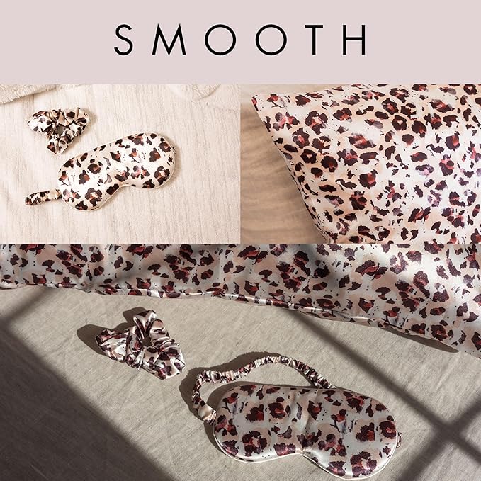 Satin Pillowcase Gift Set for Women – Brown Leopard, Silky Soft, Reduces Frizz | Includes Satin Eye Mask & Scrunchie | for Curly Hair, Sensitive Skin | Perfect