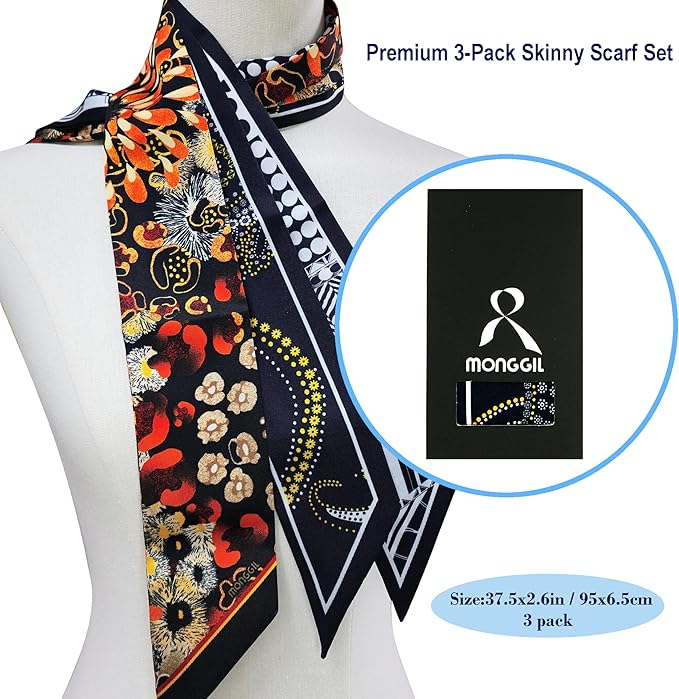 Skinny Scarf 3 Pack for Women – Bag Scarf, Silk Hair Scarves (Original Prints, Premium Twill, 3 Designs)