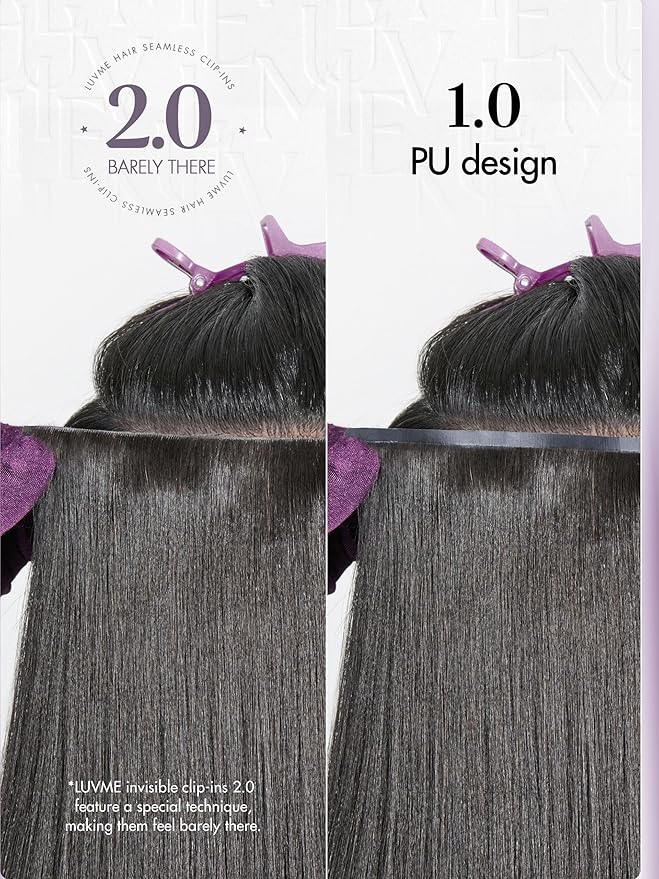 LUVME Invisible Clip in Hair Extensions, Yaki Straight Real Human Hair 14 Inch 2 Pack 220g 12pcs Clip ins Hair Extensions Natural Black for Women