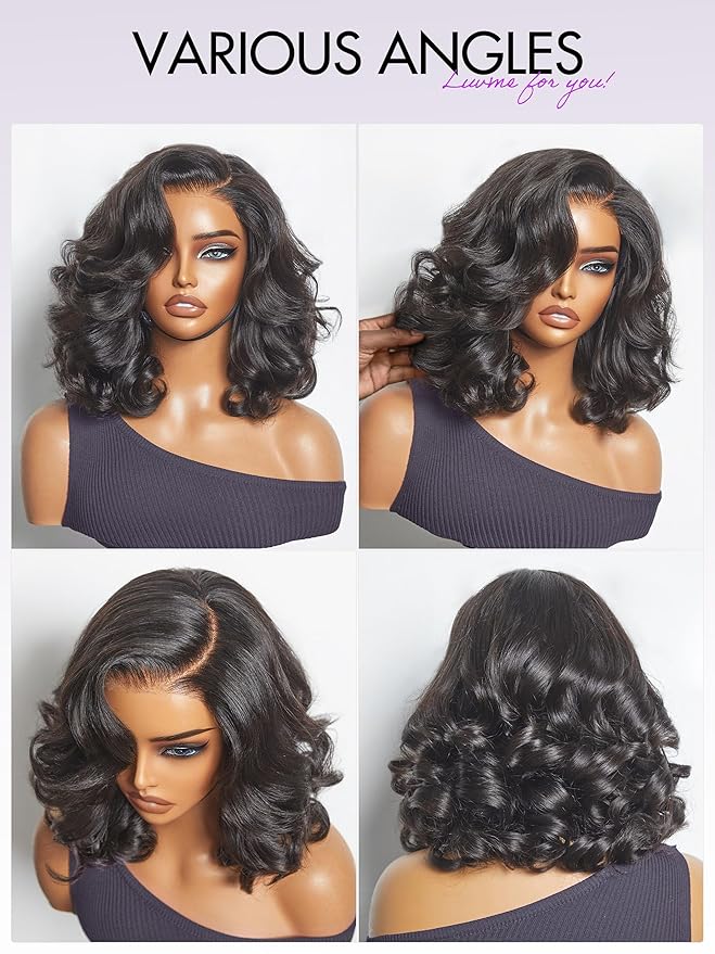 LUVME HAIR Loose Real 100% Wave Bob Human Hair Short Wigs Glueless Pre Cut Plucked Hd Lace Wig Ready To Go Natural Color Bleached Knots Side Part Black Wigs 16 Inches