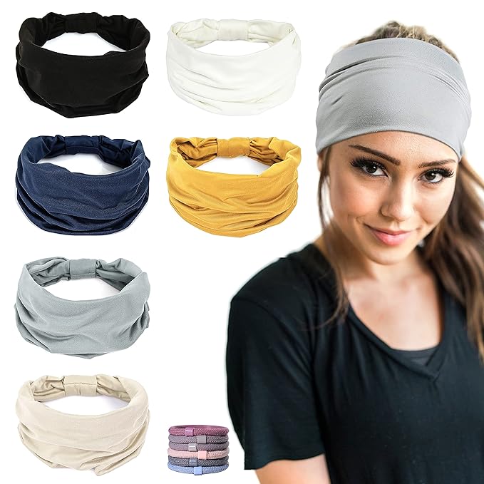 GiLi 6 Pack Wide Headbands for Women Non Slip Soft Elastic Hair Bands Yoga Running Sports Workout Gym Head Wraps, Knotted Cotton Cloth African Turbans Bandana (with 6 Pcs Hair Ties)