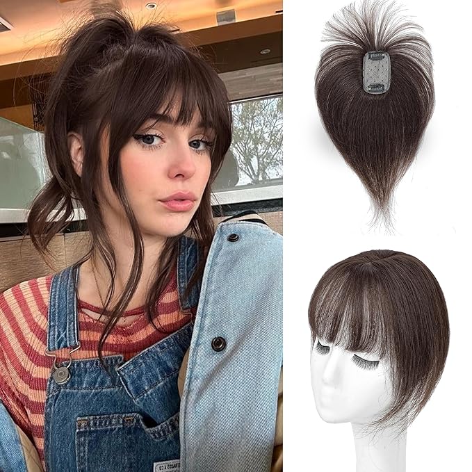 Hair Toppers for Women Real Human Hair - 360° Coverage Dark Brown Clip In Topper with Bangs for Thinning Hair Upgraded 5×9 cm Silk Base Ideal for Everyday Use