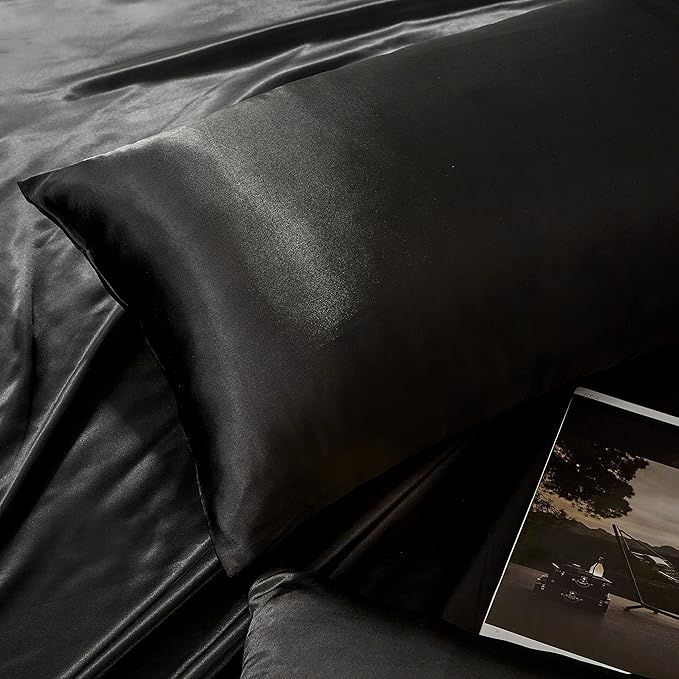 Black Satin Pillowcase Standard Set of 2 with Envelope Closure，Black Silk Pillowcase for Hair and Skin (20x26)