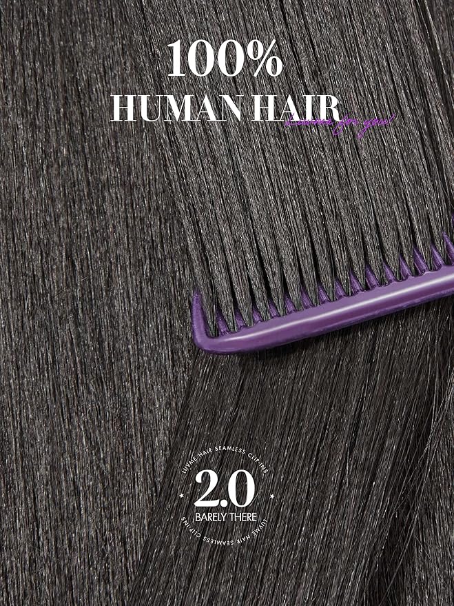 LUVME Invisible Clip in Hair Extensions, Yaki Straight Real Human Hair Remy Hair Clip ins for Women, Natural Human Hair, 14 inch 110g 6Pcs, Natural Black
