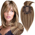 Hair Toppers for Women Real Human Hair With Bangs, 13 * 15 cm Larger Silk Base 150% Density Clip In Topper Hairpieces, Wiglet Top Pieces Add Volume -10 Inch 4P27 Medium Brown&Dark Blonde