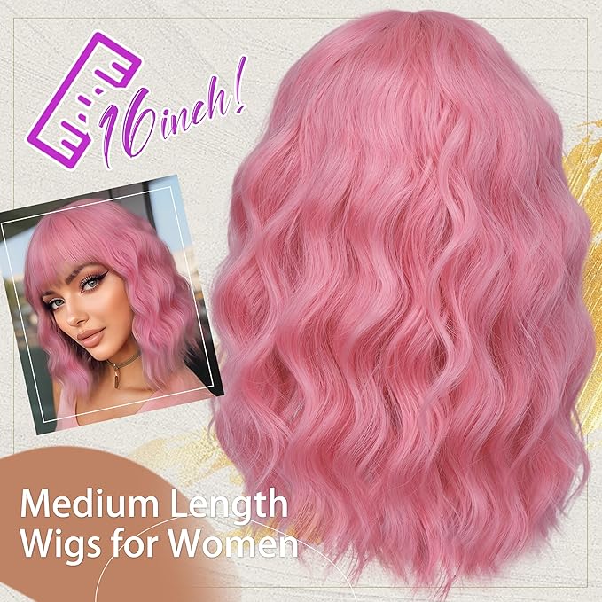 Nnzes Short Wavy Bob Wig with Bangs for Women Shoulder Length Curly Pink Synthetic Heat-Resistant Fiber Hair for Daily & Party Use