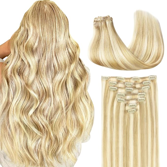GOO GOO Clip in Hair Extensions Real Human Hair, Remy Human Hair Extensions Clip ins for Women, Natural Human Hair, 24inch 170g 7Pcs, #18D/22F Dirty Blonde Highlights