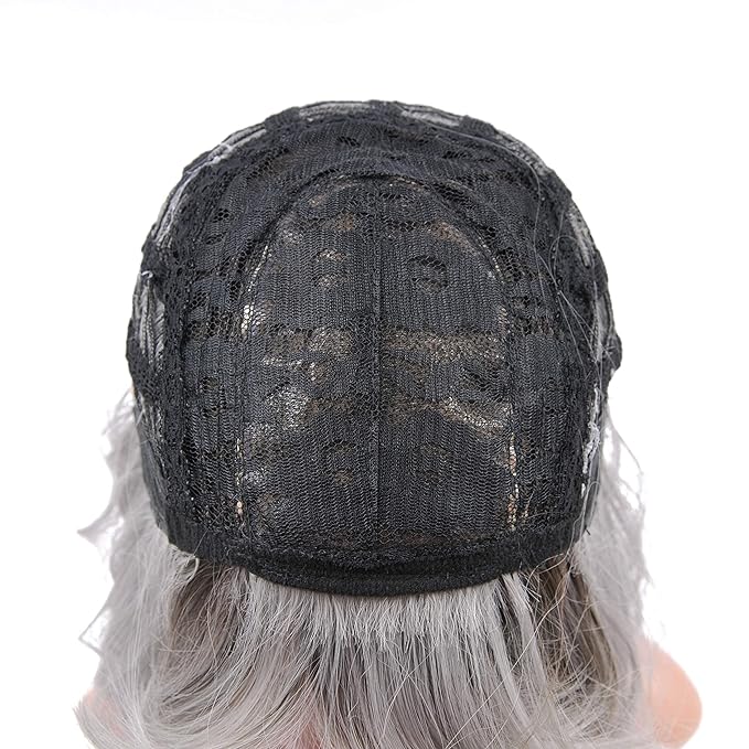 FAELBATY Grey Wigs with Bangs Women Girl's Ombre Grey Bob Wig Synthetic Cosplay Costume Wigs (12" Dark Root Ombre Grey)