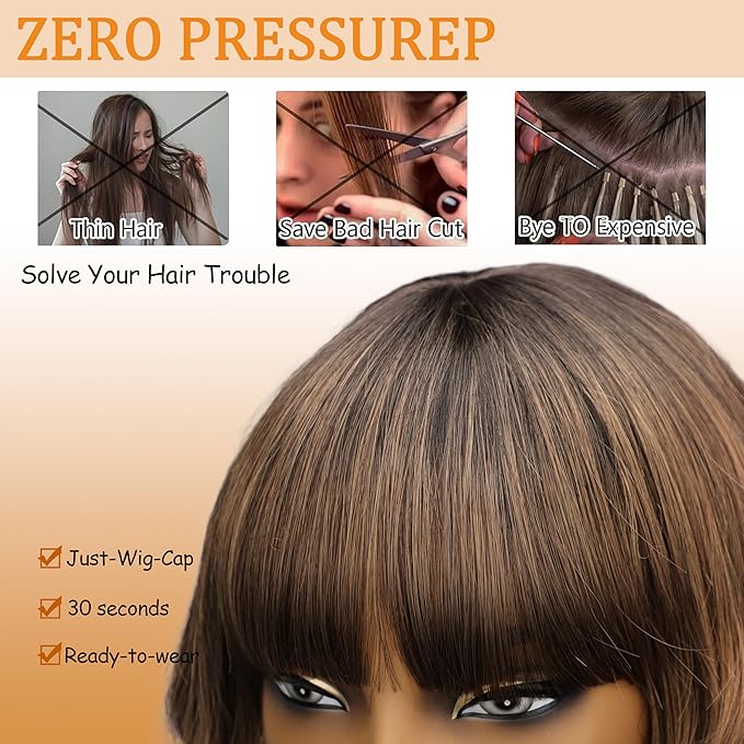 Nnzes Short Wavy Bob Wig with Bangs for Women Shoulder Length Curly Ombre Brown Blonde Synthetic Heat-Resistant Fiber Hair for Daily & Party Use