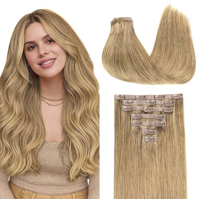 GOO GOO Clip in Hair Extensions Real Human Hair, Remy Human Hair Extensions Clip ins for Women, Natural Human Hair, 22inch 150g 7Pcs, 7 Bronde
