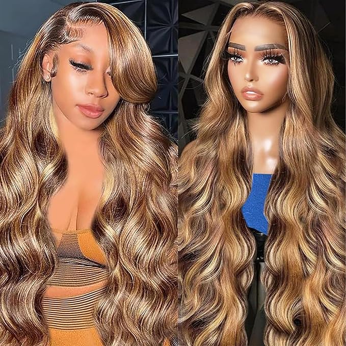 Honey Blonde Ombre 13x6 Lace Front Wig Human Hair 210 Density Highlight Body Wave Lace Front Wigs Human Hair Pre Plucked Glueless Lace Frontal Wig for Women 4/27 Colored 26Inch