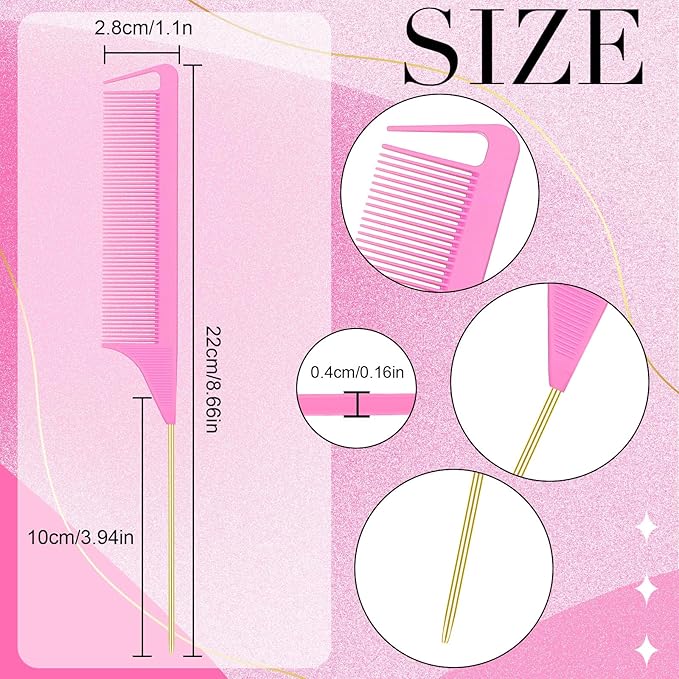 Patelai 30 Pieces Rat Tail Combs Bulk, Hair Teasing Fine Tooth Pintail Combs Braiding Hair Styling Tools with Steel Pin for Stylists Salon Teasing Sectioning Coloring Detangling(Pink and Gold)
