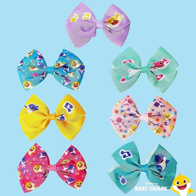 Baby Shark Kids Hair Bows - Hair Accessories Gift Set - 7 Pcs 4 Inch Bundle for Girls - Different Character on each Clip - Alligator Clip - Ages 3 +