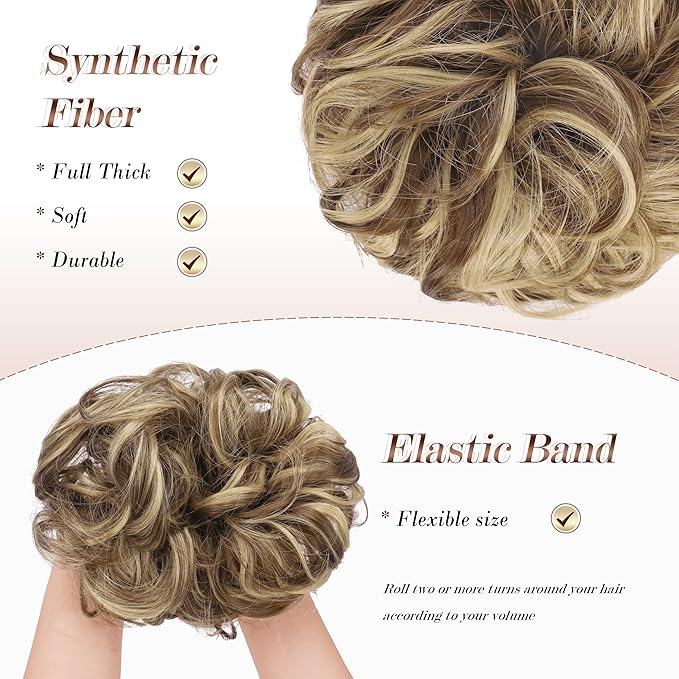 FESHFEN Messy Bun Hair Piece - Elastic Wavy Curly Hair Bun Scrunchies Extensions Synthetic Chignon Hairpieces for Women, Light Brown & Blonde 1.5 oz