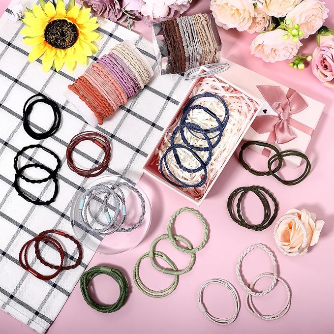 60 Pcs Boho Hair Ties, 4 Styles Elastic Hair Tie Bracelets for Women Hair Tie Bracelets Ponytail Holders for Girls with Thick and Thin Hair