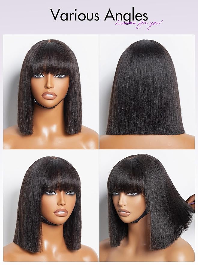 LUVME HAIR 10 Inch Light Yaki Straight Bob Wig with Bangs Human Hair Realistic HD Lace Short Black Bob Wigs, Ready to Go Blunt Cut Bob Wig Glueless 180 Density