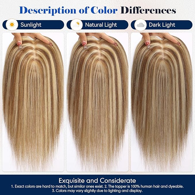 HAIRCUBE Hair Toppers For Women With Thinning 5"*5" Large Base Real Hair Toppers For Women, 14 Inch For Hand-Woven, 60g, Silk, Natural, Realistic, Use Daily, Hairloss,Brown Mixed Blonde, No bangs