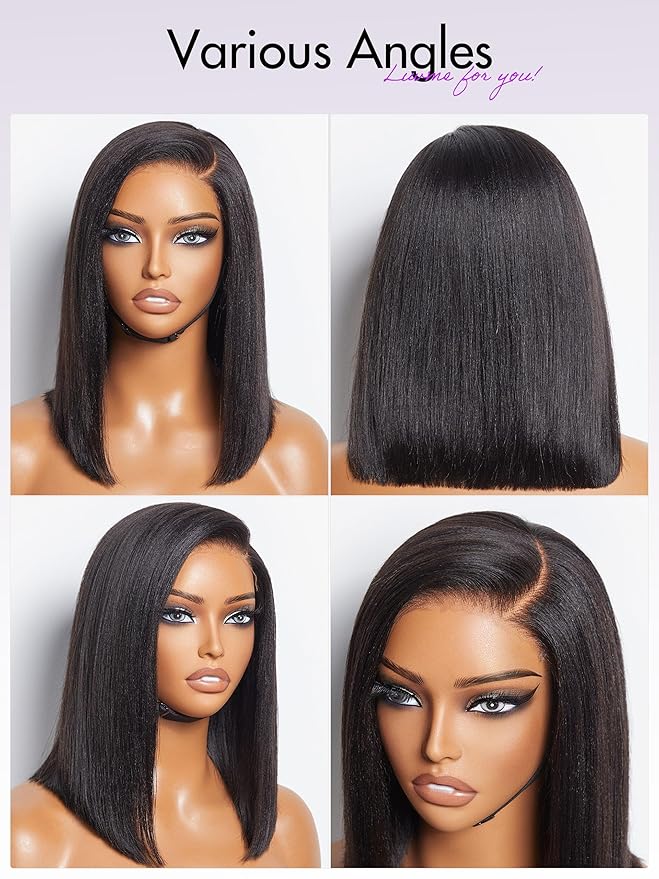 LUVME HAIR 12 Inch Light Yaki Straight Bob Wig Human Hair, Undetectable HD Lace Glueless Bob Wigs Human Hair Pre Plucked, Pre Cut Lace Wig Short Black Blunt Cut Bob Wigs