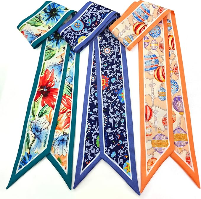 Skinny Scarf 3 Pack for Women – Bag Scarf, Silk Hair Scarves (Original Prints, Premium Twill, 3 Designs)