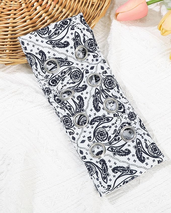 Grommet Headband for Women, White Paisley 23cm Hollow Out Elastic Hair Band, Eyelets Punk Grunge Stylish Hairband