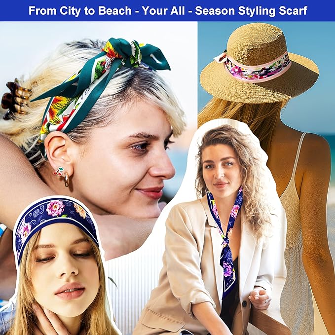 Skinny Scarf 3 Pack for Women – Bag Scarf, Silk Hair Scarves (Original Prints, Premium Twill, 3 Designs)
