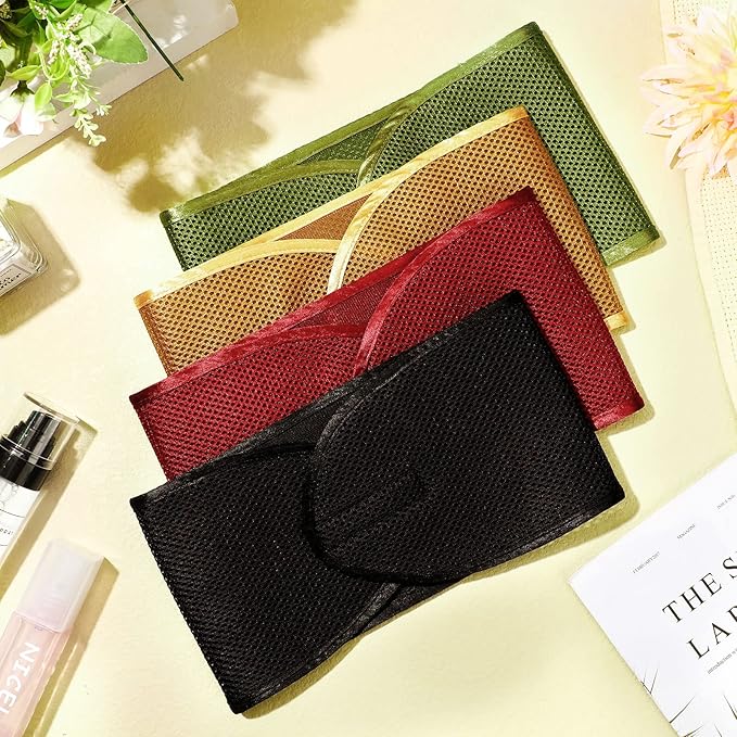 Haysandy Hairband, 4 Pieces Mesh Hair Wrap for Black Women - Face Wash Makeup Hair Accessories Headbands (Black, Wine Red, Khaki, Light Green)