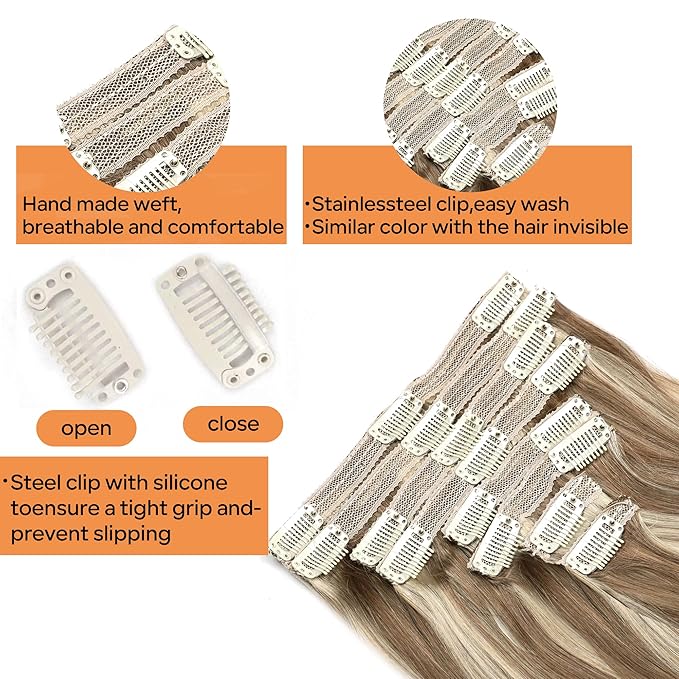 Straight Clip In Hair Extensions Real Human Hair 8Pcs Clip In Balayage Chestnut Brown Highlight Blonde Human Hair Extensions with 18Clips Lace Weft 120g 20inch