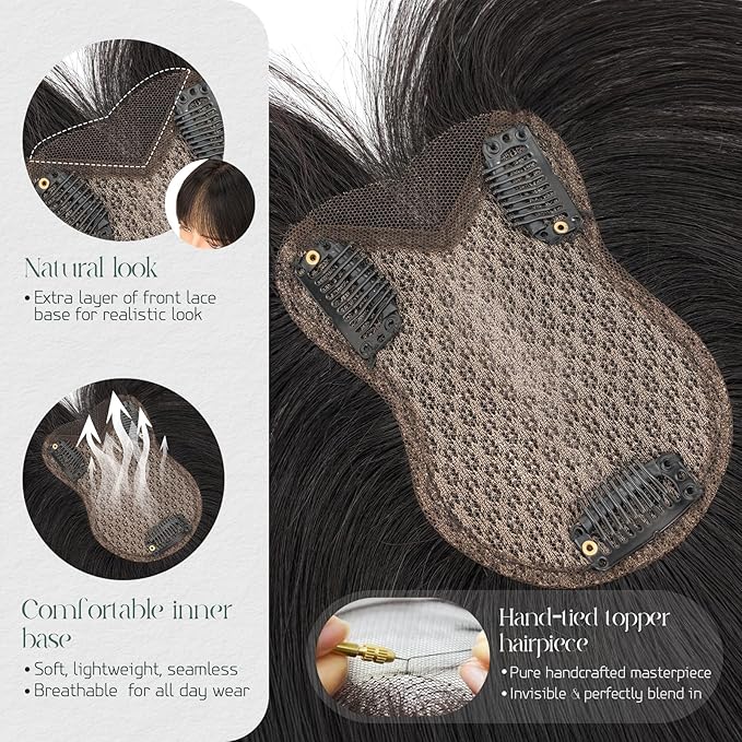 Hairro Toppers Hairpieces For Women Wispy Air Clip On Bangs Remy Short Black Lace Topper 3D Cover Wiglet 11 Inches 21g #1B