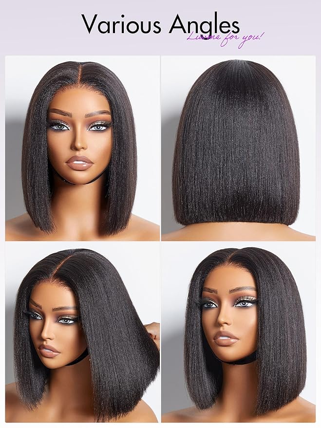 LUVME HAIR 10" Light Yaki Glueless Bob Wigs Human Hair Pre Plucked, 5x5 HD Lace Closure Wigs Human Hair 180 Density, Ready to Go Wig with Bleached Knots & Pre Cut Lace