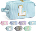YOOLIFE Makeup Bag - Initial Monogram Cosmetic Bag, Personalized Blue Makeup Pouch Case for Women