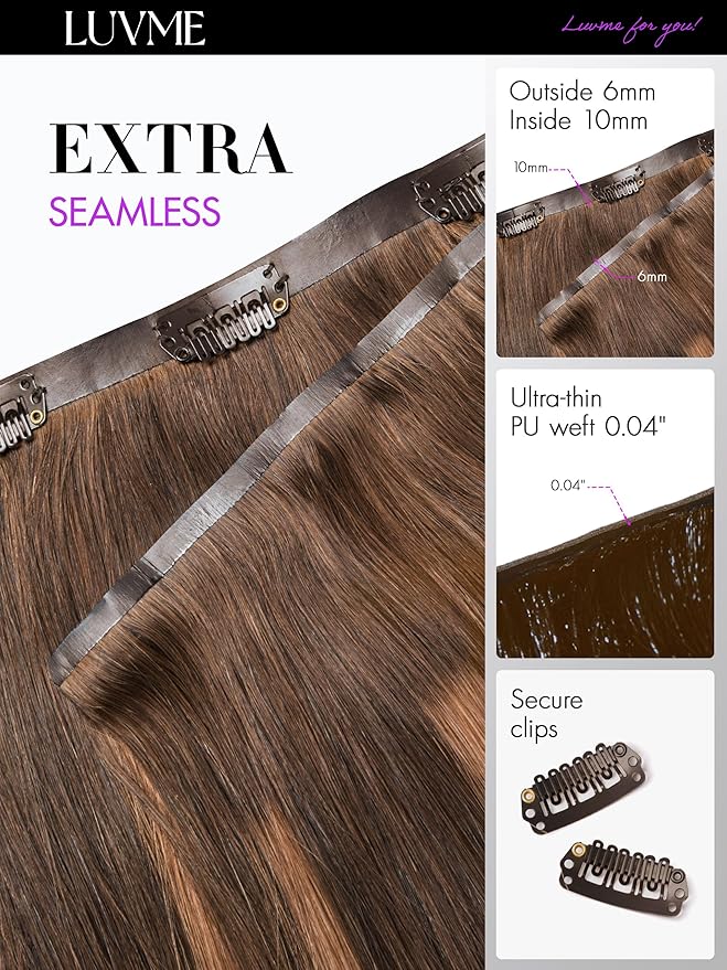 LUVME Straight Seamless 110g 7Pcs Clip in Hair Extensions Full Max with 22inch Remy Human Hair Extensions, Highlight Color 100% Real Soft